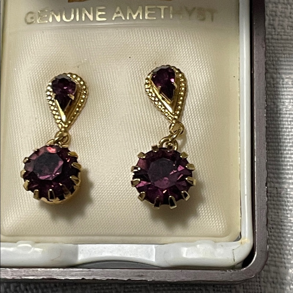Genuine Amethyst Earrings Pierced Dangle Studs New “old stock” original box